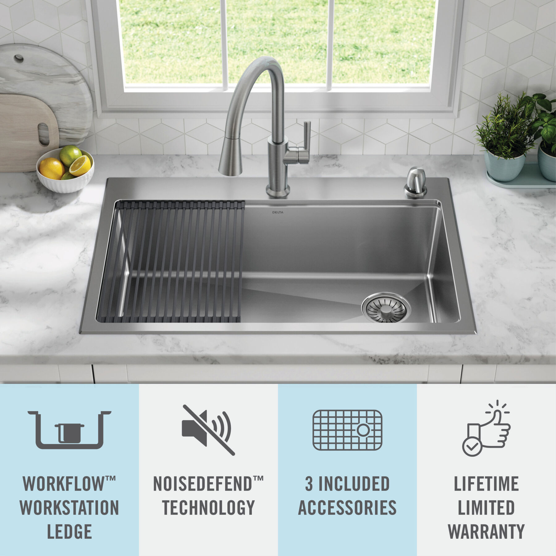 Lavabo de cocina tipo estación de trabajo con un receptáculo de acero inoxidable de 33" de montaje bajo encimera encastrado, con reborde WorkFlow™ y accesorios, imagen 16